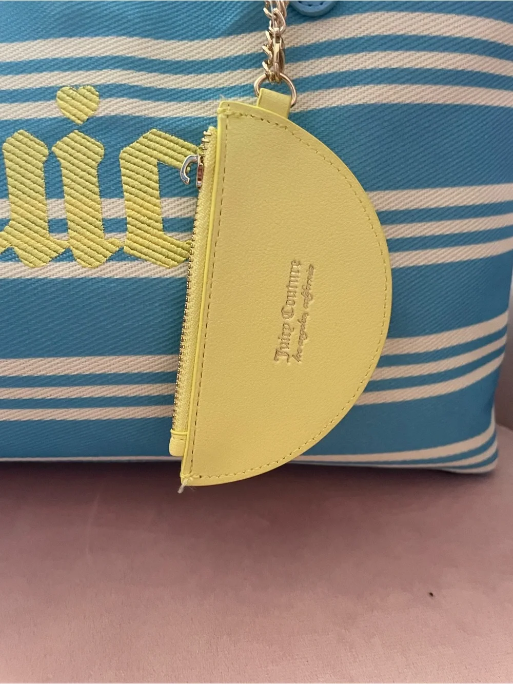 Juicy Couture Blue and Yellow Striped Tote with Yellow Coin Pouch